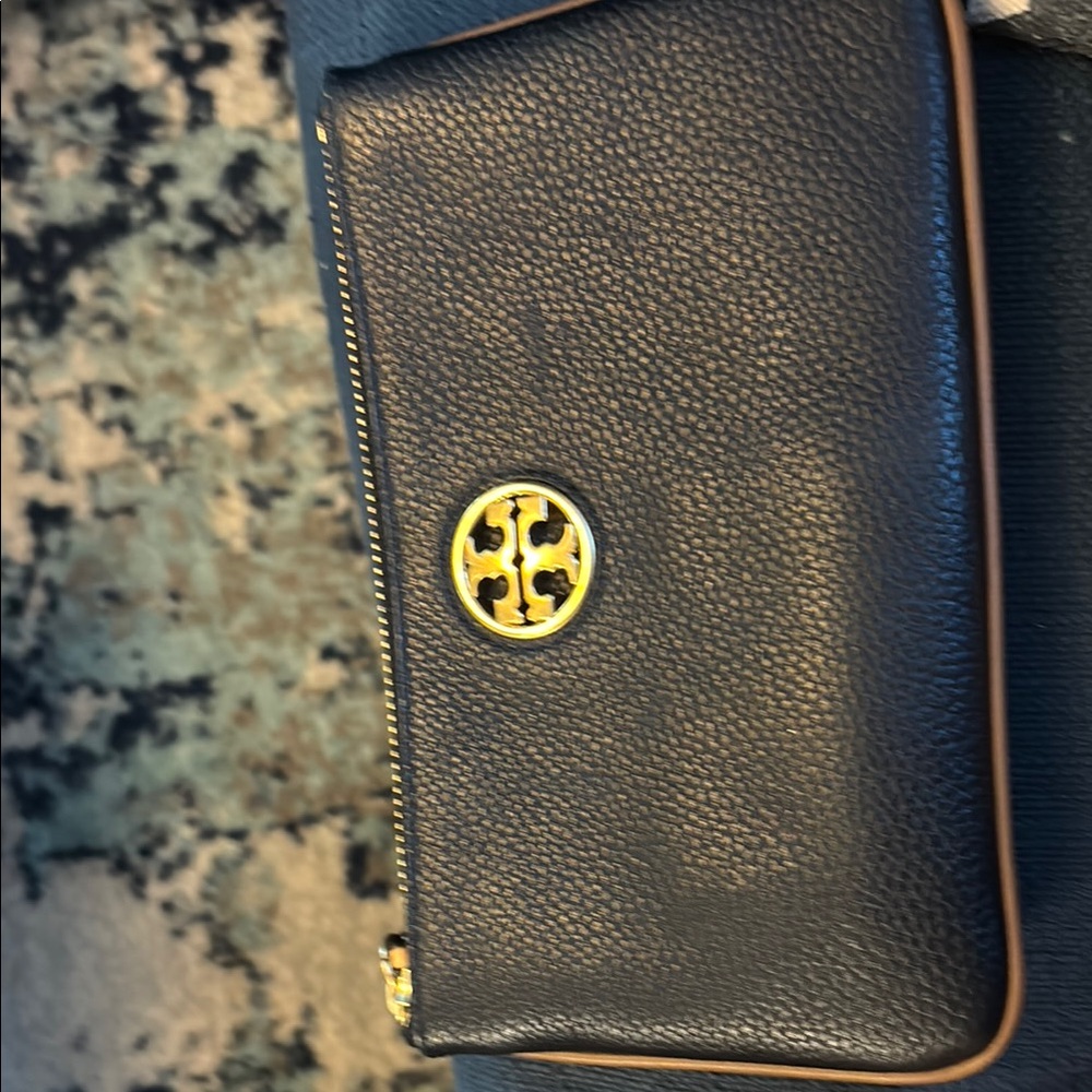 Tory Burch Black Pebbled Leather Wristlet with Gold Logo
